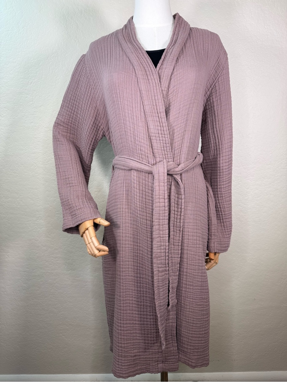 Parachute Robe Waffle Textured Cotton Gauze Kimono Belted 3/4 Sleeve SMALL EUC